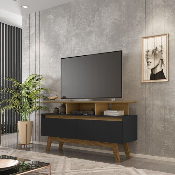 Rack para TV até 50 Polegadas com Nicho e 2 Portas Retrô Multimóveis CR45294 Cinamomo/Preto Fosco