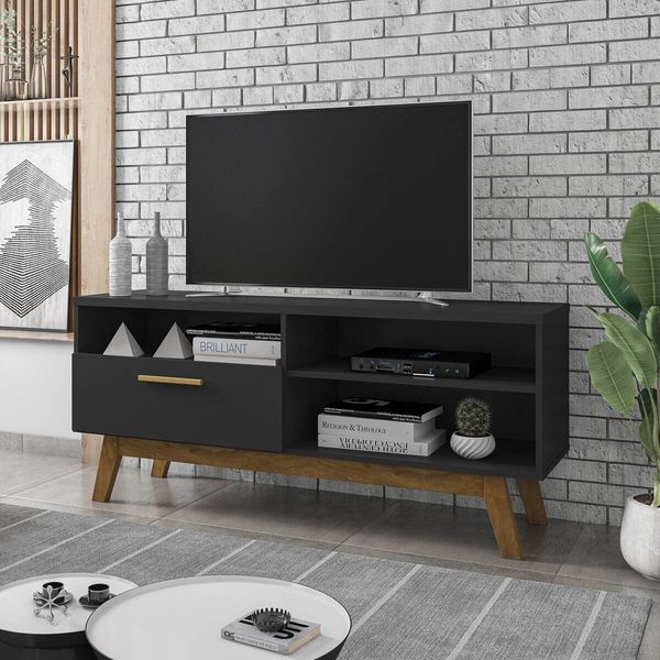 Rack para TV até 55 Polegadas com Nichos e 1 Porta Retrô Multimóveis CR45293 Preto Fosco