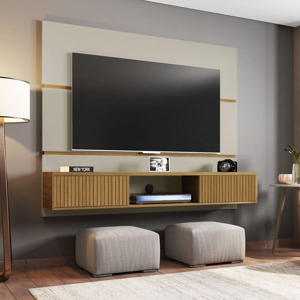 Painel para TV até 65 Polegadas com 2 Portas Basculantes Multimóveis CR45281 Off White/Cinamomo/Ripado