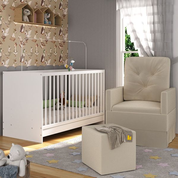 Berço 3 em 1 com Poltrona Amamentação e Puff Multimóveis MP4142 Branco/Bege