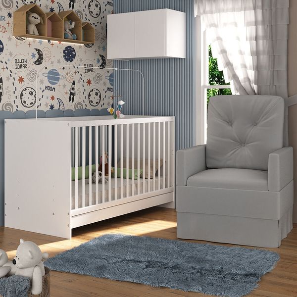 Berço 3 em 1 com Poltrona Amamentação e Armário Aéreo 2 Portas Multimóveis MP4147 Branco/Cinza