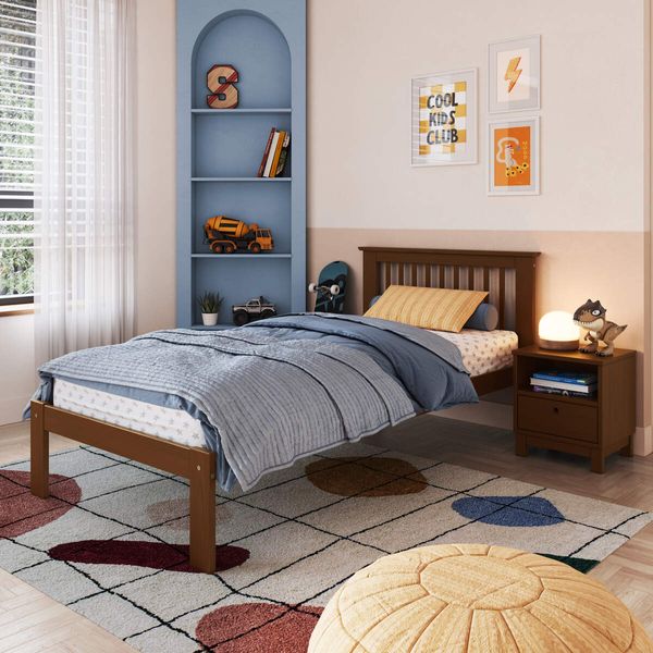 Cama de Solteiro de Madeira Maciça para Colchão 88x188cm Multimóveis CR35274 Walnut