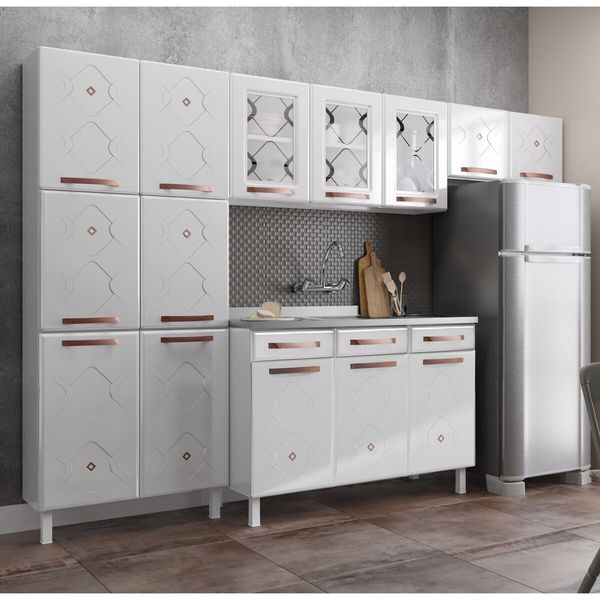 Cozinha Completa Modulada de Aço 4 Peças com Vidros e Gabinete Pia Multimóveis CR20352 Branco