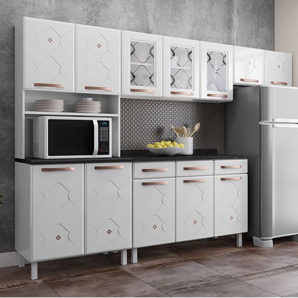 Cozinha Completa Modulada de Aço 4 Peças com Vidros e Balcão Multimóveis CR20353 Branco