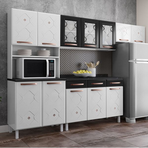 Cozinha Completa Modulada de Aço 4 Peças com Vidros e Balcão Multimóveis CR20353 Branco/Preto