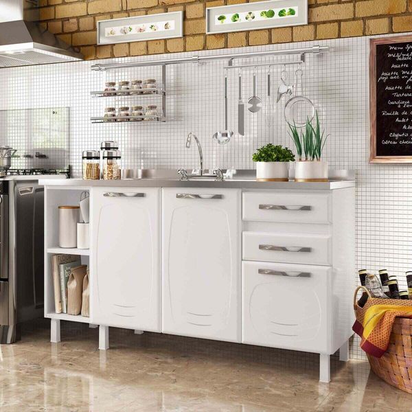 Balcão de Cozinha de Aço Gabinete para Pia 3 Portas 2 Gavetas 150cm Multimóveis CR20355 Branco