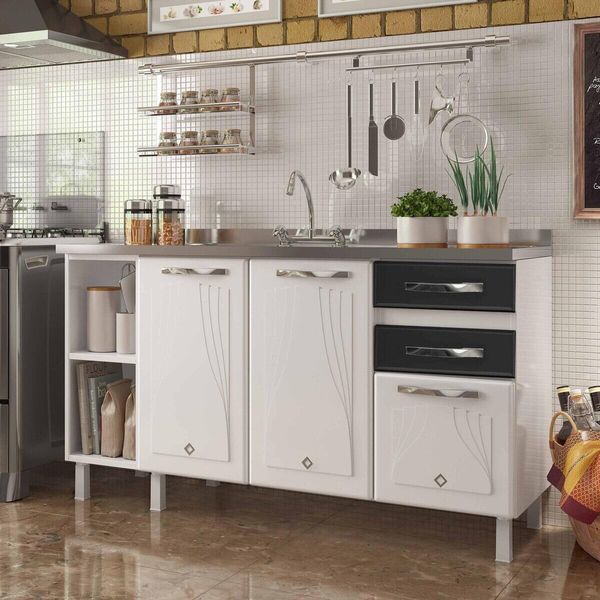Balcão de Cozinha de Aço Gabinete para Pia 3 Portas 2 Gavetas 150cm Multimóveis CR20355 Branco/Preto