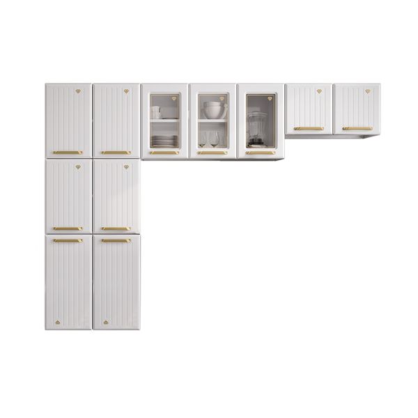 Cozinha Compacta Aço 3 Peças com Vidros Armários Aéreos e Paneleiro Multimóveis CR20368 Branco