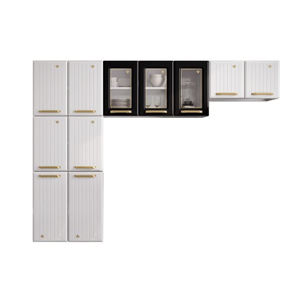 Cozinha Compacta Aço 3 Peças com Vidros Armários Aéreos e Paneleiro Multimóveis CR20368 Branco/Preto