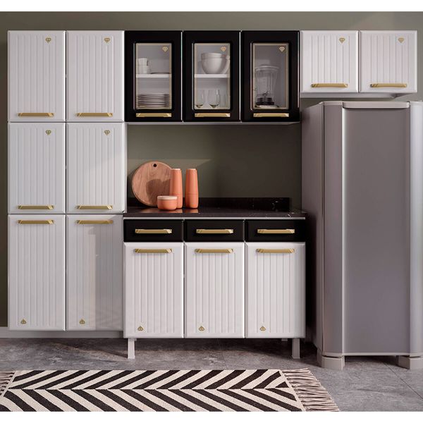 Cozinha Completa Modulada Aço 4 Peças com Balcão com Tampo Multimóveis CR20370 Branco/Preto