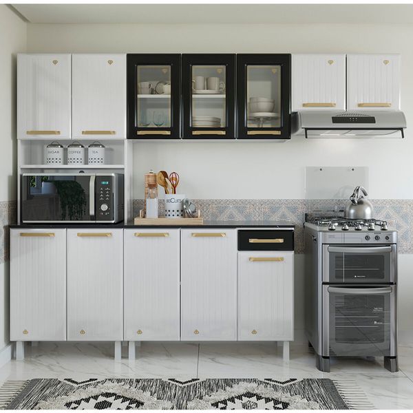 Cozinha Completa de Aço 4 Peças Armário para Forno/Micro e Balcão Multimóveis CR20371 Branco/Preto