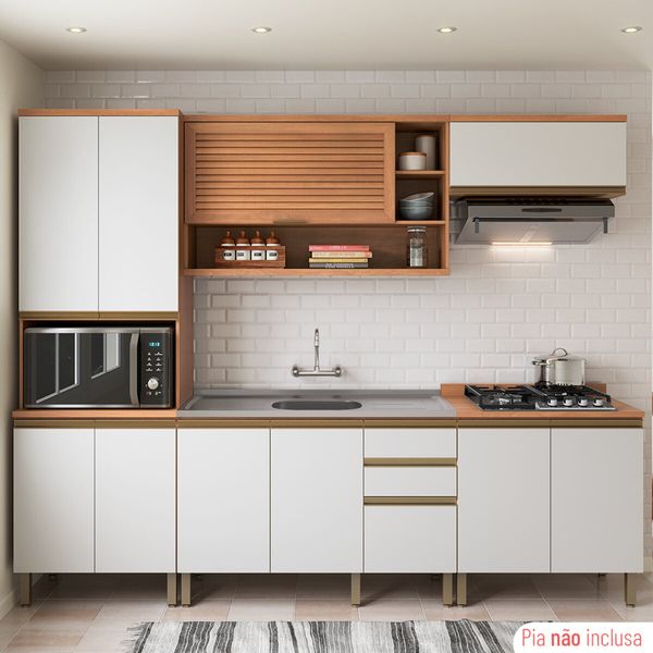 Cozinha Completa Modulada 5 Peças com Gabinete Pia Multimóveis CR20403 Freijó/Branco
