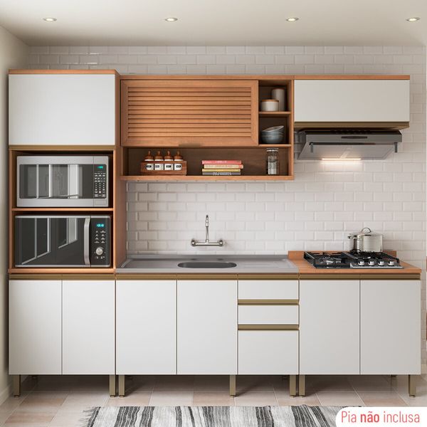 Cozinha Completa Modulada 5 Peças com Torre Quente e Gabinete Pia Multimóveis CR20405 Freijó/Branco