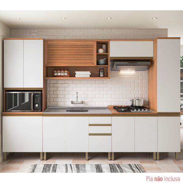 Cozinha Completa Modulada 6 Peças com Gabinete Pia Multimóveis CR20411 Freijó/Branco