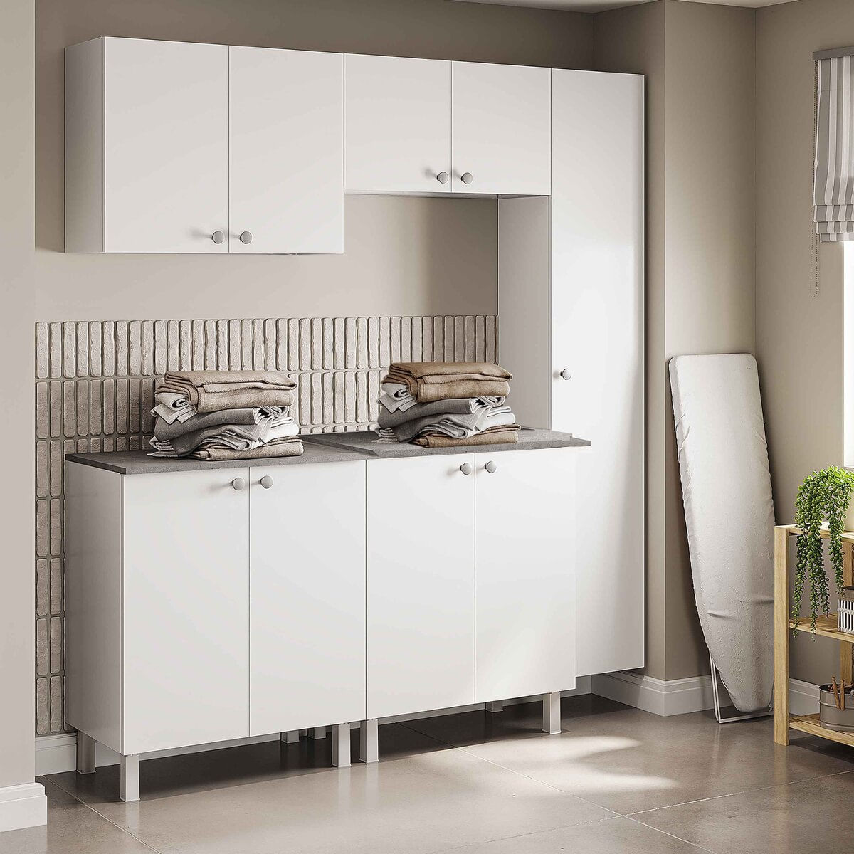 Conjunto Armário de Lavanderia 5 Peças com 2 Balcões Multimóveis CR30047 Branco