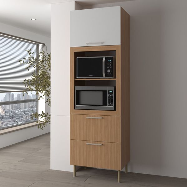 Paneleiro Torre Quente para Forno/Micro-ondas 1 Porta 2 Gavetas 80cm Multimóveis CR20443 Freijó/Branco