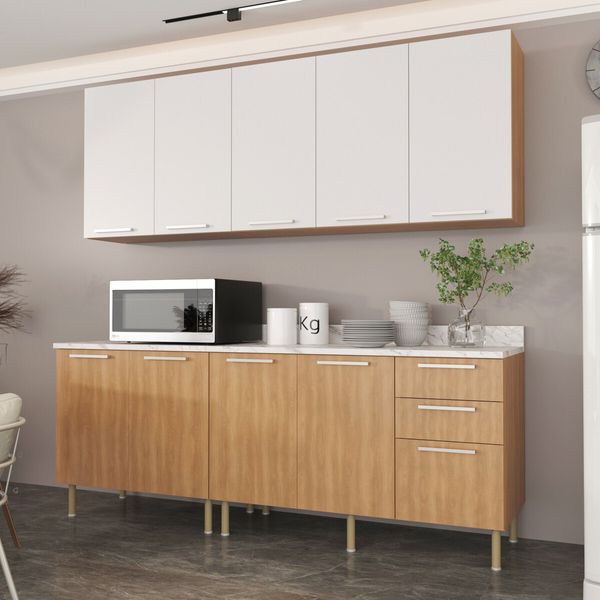 Cozinha Compacta 4 Pecas com Armário e Balcão com Tampo Multimóveis CR20448 Freijó/Branco/Mármore Branco