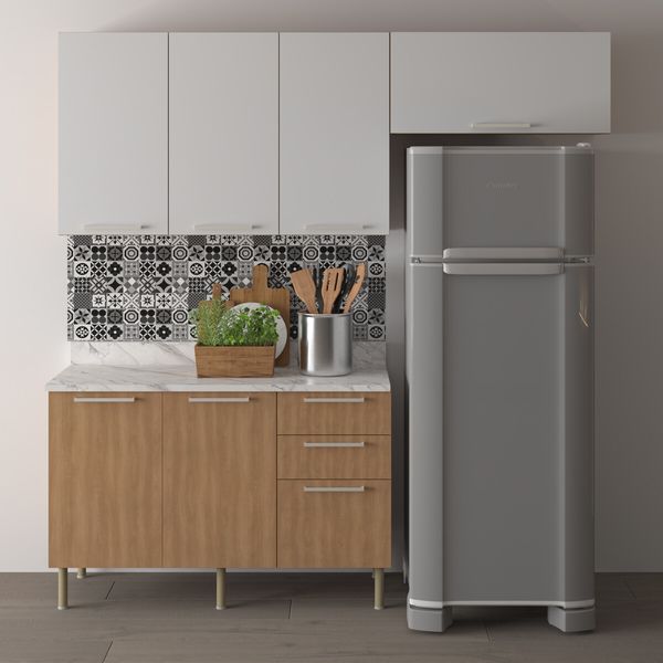 Cozinha Compacta 3 Pecas com Armários e Balcão com Tampo Multimóveis CR20449 Freijó/Branco/Mármore Branco