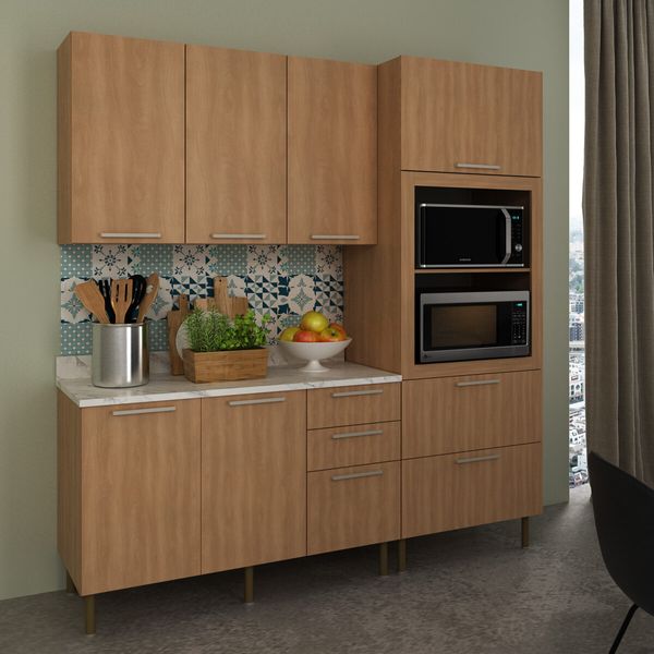 Cozinha Compacta 3 Pecas com Armário Paneleiro e Balcão com Tampo Multimóveis CR20450 Freijó/Mármore Branco