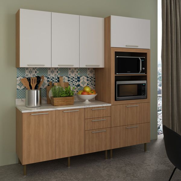 Cozinha Compacta 3 Pecas com Armário Paneleiro e Balcão com Tampo Multimóveis CR20450 Freijó/Branco/Mármore Branco