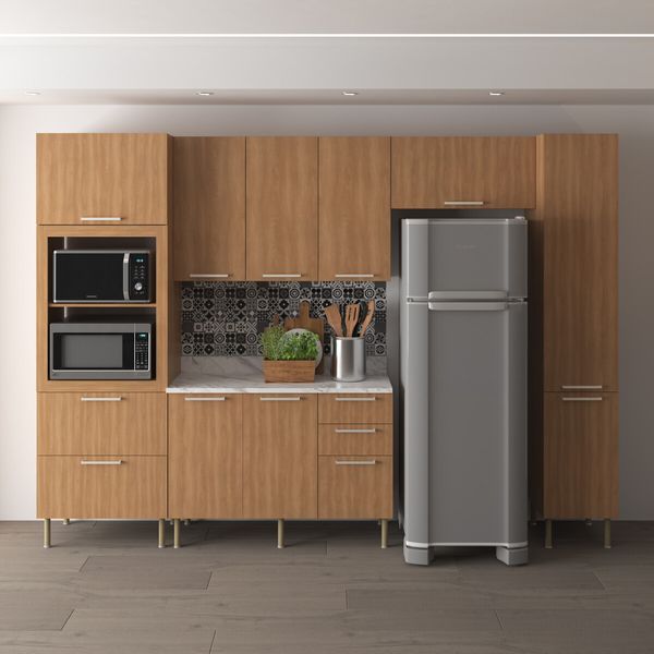 Cozinha Completa Modulada 5 Pecas com Balcão com Tampo Multimóveis CR20451 Freijó/Mármore Branco