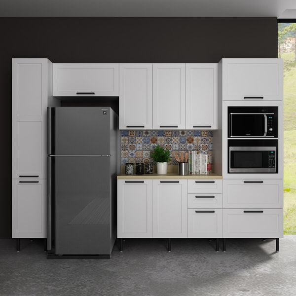 Cozinha Completa Modulada MDF 5 Pecas com Balcão com Tampo Multimóveis CR20455 Branco/Carvalho Tropical