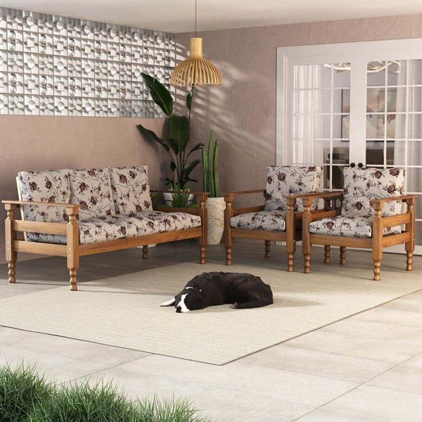 Jogo de Sofá Madeira Maciça Liz 3 Lugares e 2 Poltronas Multimóveis CR45274 Floral Cinza