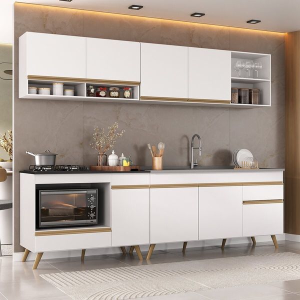 Armário de Cozinha Modulada Compacta 4 Pçs com Balcão para Cooktop Veneza Multimóveis MP2261 Branco/Dourado
