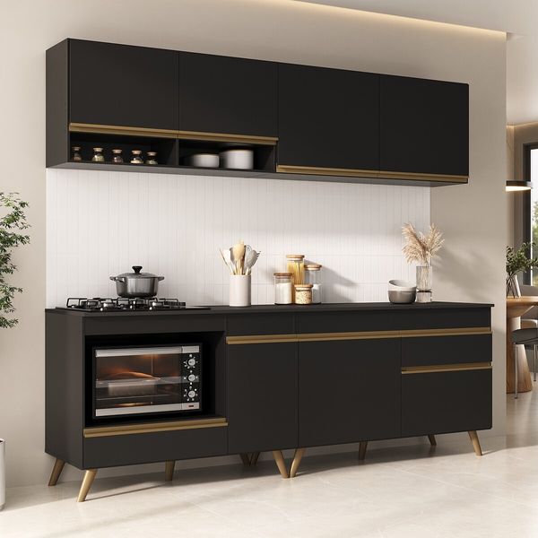 Armário de Cozinha Modulada Compacta com Balcão para Cooktop/Forno Veneza Multimóveis MP2262 Preto/Dourado