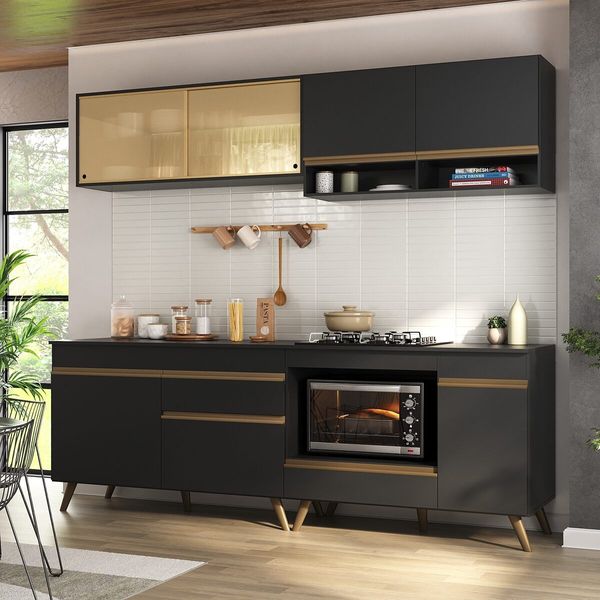 Armário de Cozinha Modulada Compacta 225cm com Balcão para Cooktop Veneza Multimóveis MP2263 Preto/Dourado