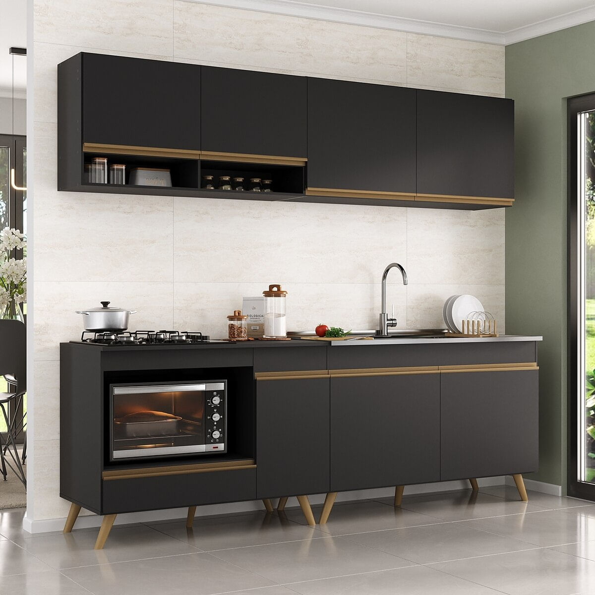 Armário de Cozinha Modulada Compacta 4 Pçs com Balcão para Cooktop