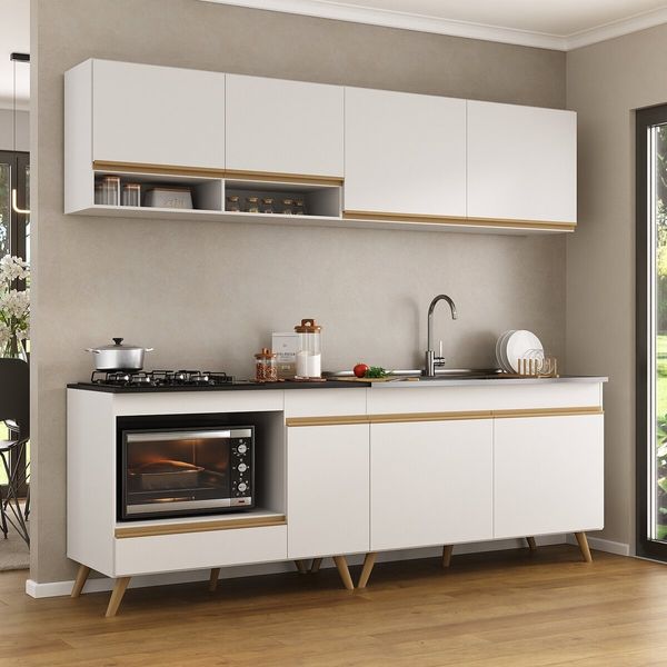 Armário de Cozinha Modulada Compacta 4 Pçs com Balcão para Cooktop Veneza Multimóveis MP2264 Branco/Dourado