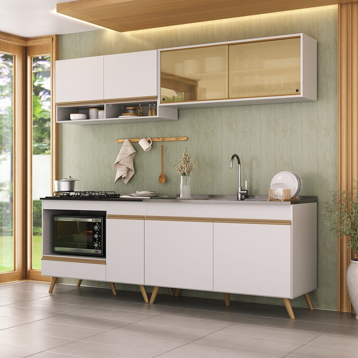 Armário de Cozinha Modulada Compacta 225cm com Balcão para Cooktop