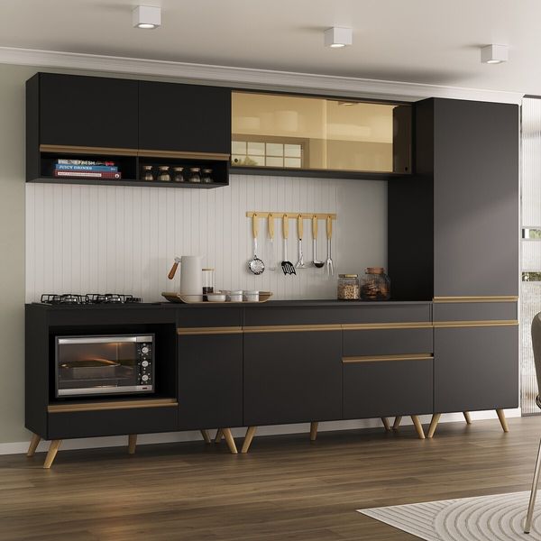 Cozinha Modulada Completa Compacta 287cm com Balcão para Cooktop Veneza Multimóveis MP2267 Preto/Dourado