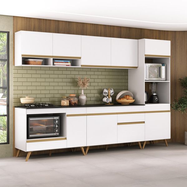 Cozinha Modulada Completa Compacta 5 Pçs com Balcão para Cooktop Veneza Multimóveis MP2268 Branco/Dourado
