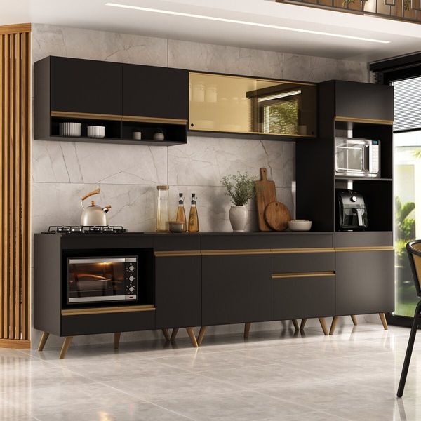 Cozinha Modulada Completa Compacta 287cm com Balcão para Cooktop Veneza Multimóveis MP2269 Preto/Dourado