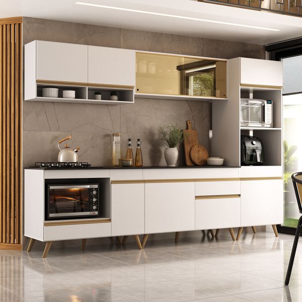 Cozinha Modulada Completa Compacta 287cm com Balcão para Cooktop Veneza Multimóveis MP2269 Branco/Dourado