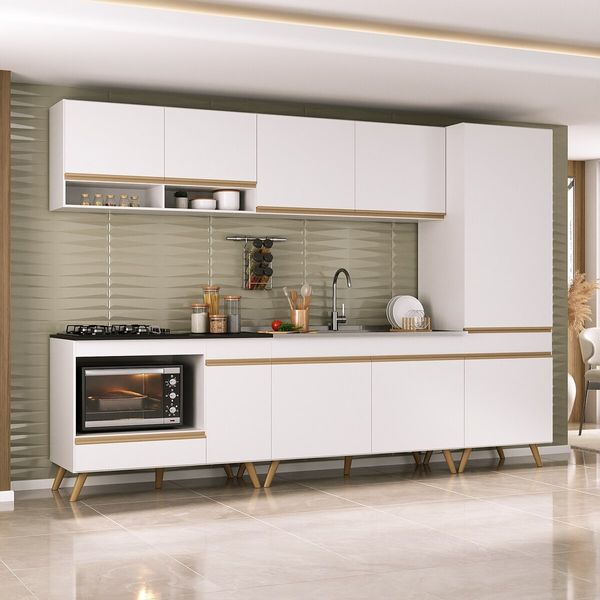 Cozinha Modulada Completa Compacta 5 Pçs com Balcão para Cooktop Veneza Multimóveis MP2270 Branco/Dourado