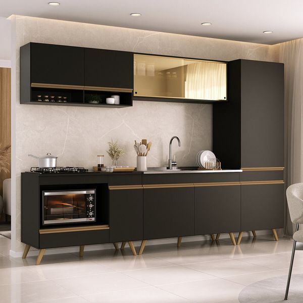 Cozinha Modulada Completa 287cm 5 Pçs com Balcão para Cooktop Veneza Multimóveis MP2271 Preto/Dourado