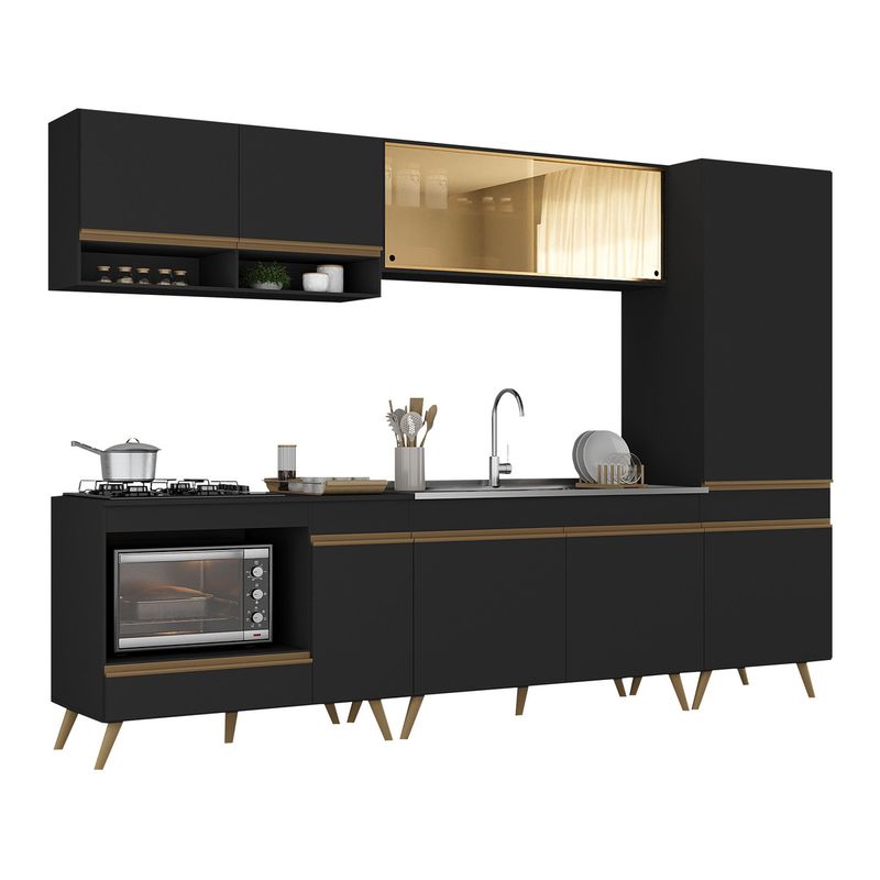 cozinha-modulada-completa-287cm-5-pcs-com-balcao-para-cooktop-veneza-multimoveis-mp2271-preto-dourado