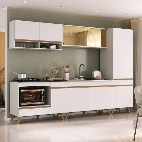 Cozinha Modulada Completa 287cm 5 Pçs com Balcão para Cooktop Veneza Multimóveis MP2271 Branco/Dourado