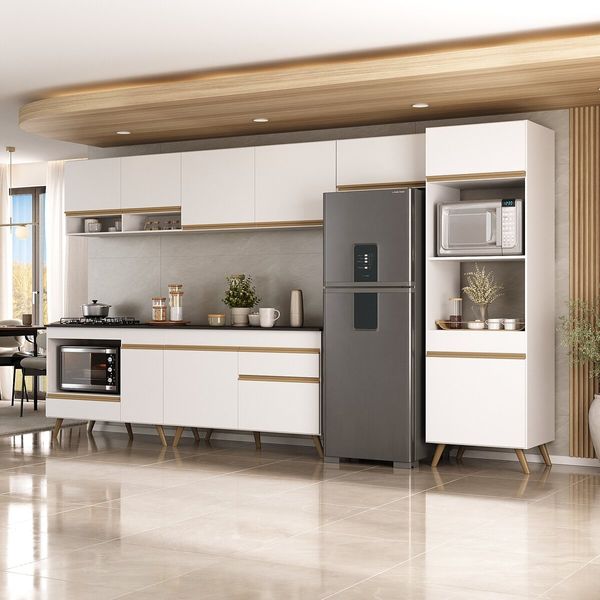 Cozinha Modulada Completa 357cm 6 Pçs com Balcão para Cooktop Veneza Multimóveis MP2272 Branco/Dourado