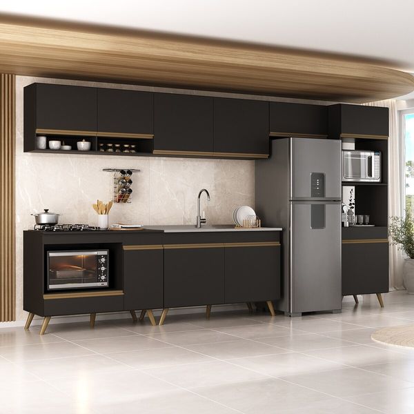 Armário de Cozinha Modulada Completa 6 Pçs com Balcão para Cooktop Veneza Multimóveis MP2273 Preto/Dourado