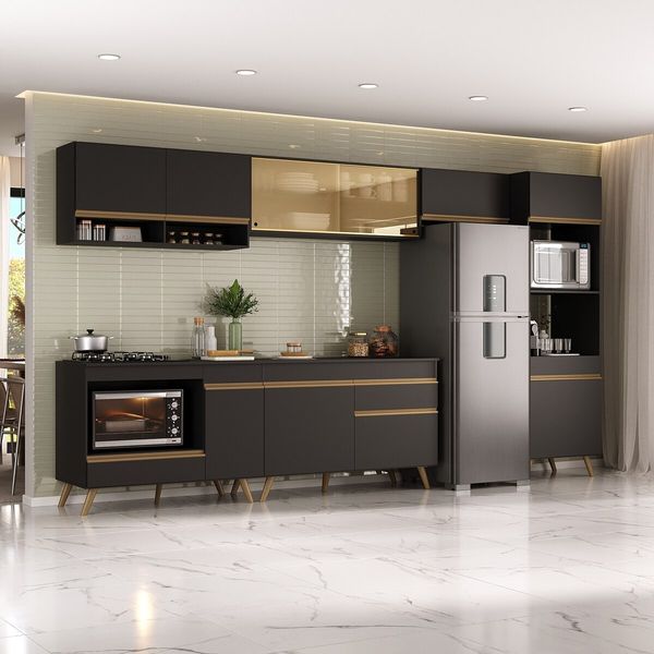 Armário de Cozinha Modulada Completa 357cm com Balcão para Cooktop Veneza Multimóveis MP2274 Preto/Dourado