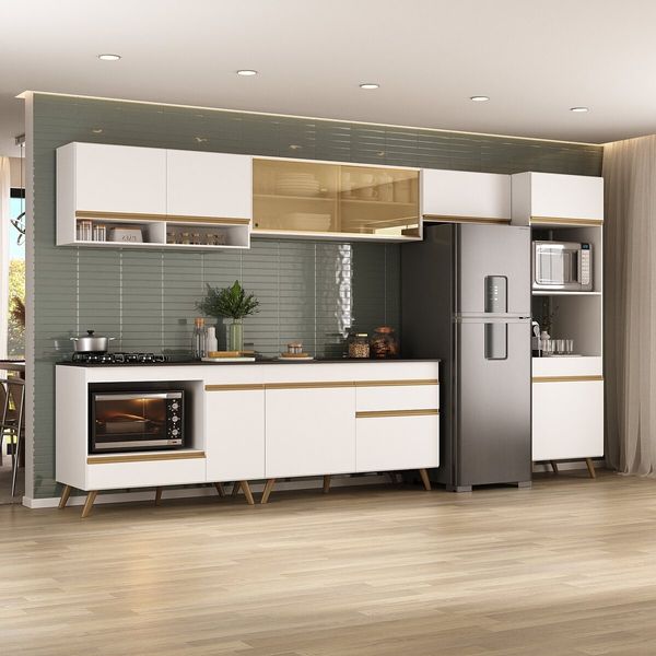 Armário de Cozinha Modulada Completa 357cm com Balcão para Cooktop Veneza Multimóveis MP2274 Branco/Dourado