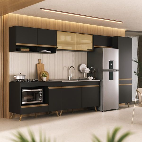 Cozinha Modulada Completa Compacta 6 Pçs com Balcão para Cooktop Veneza Multimóveis MP2276 Preto/Dourado