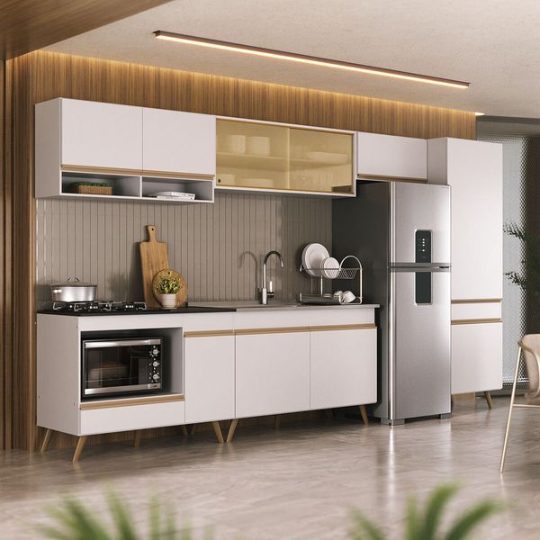 Cozinha Modulada Completa Compacta 6 Pçs com Balcão para Cooktop Veneza Multimóveis MP2276 Branco/Dourado