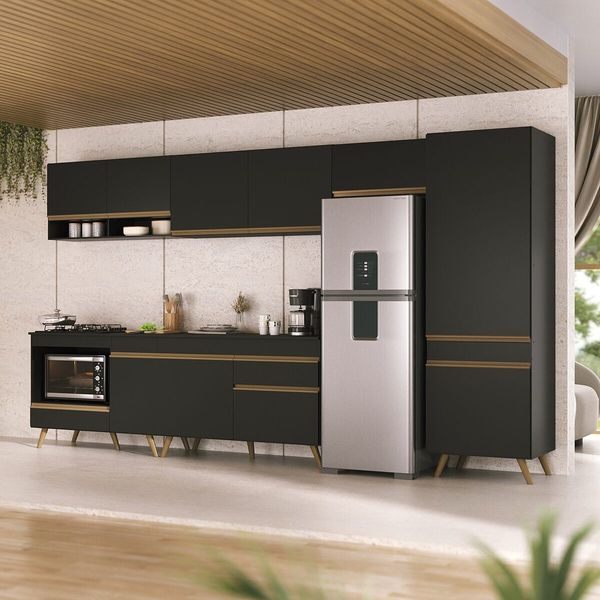 Cozinha Modulada Completa 357cm 6 Peças com Balcão para Cooktop Veneza Multimóveis MP2277 Preto/Dourado