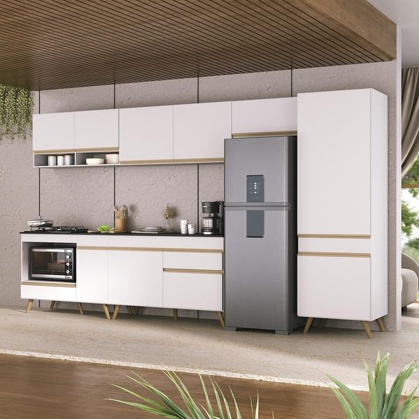 Cozinha Modulada Completa 357cm 6 Peças com Balcão para Cooktop Veneza Multimóveis MP2277 Branco/Dourado