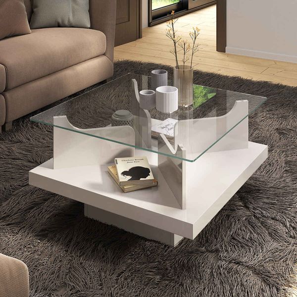 Mesa de Centro Quadrada 70cm com Vidro Multimóveis CR45305 Off White